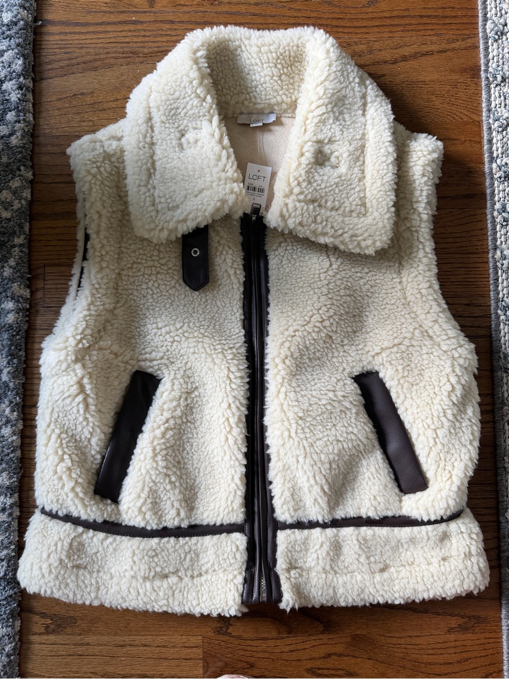 LOFT Cream Sherpa Vest with Brown Faux Leather Trim